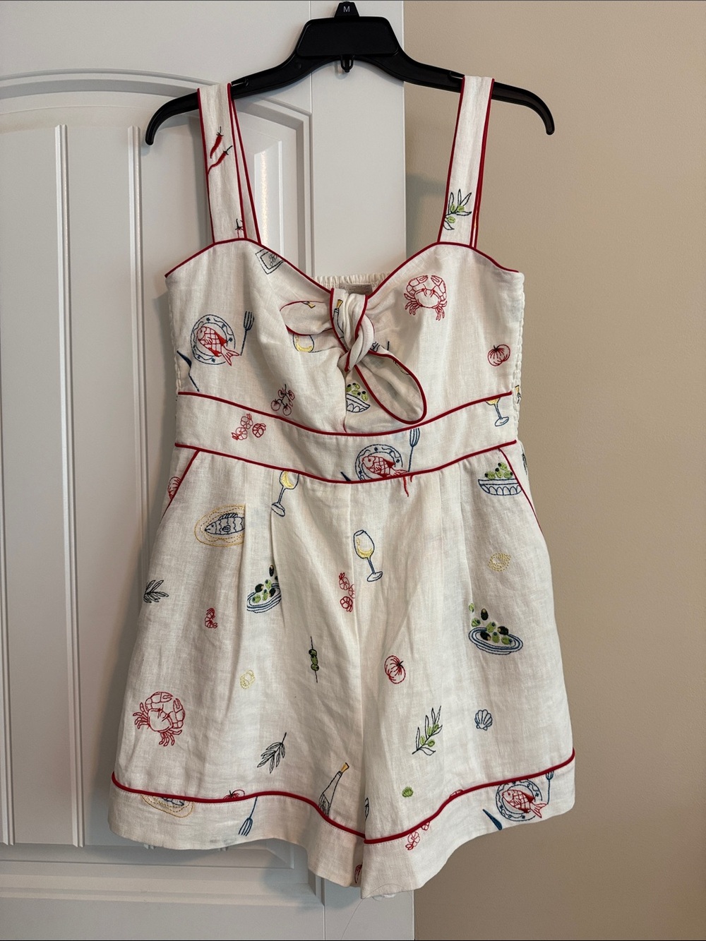 Caroline Constas Cream Linen Romper with Red Trim and Multicolor Embroidery - Picture 3 of 10